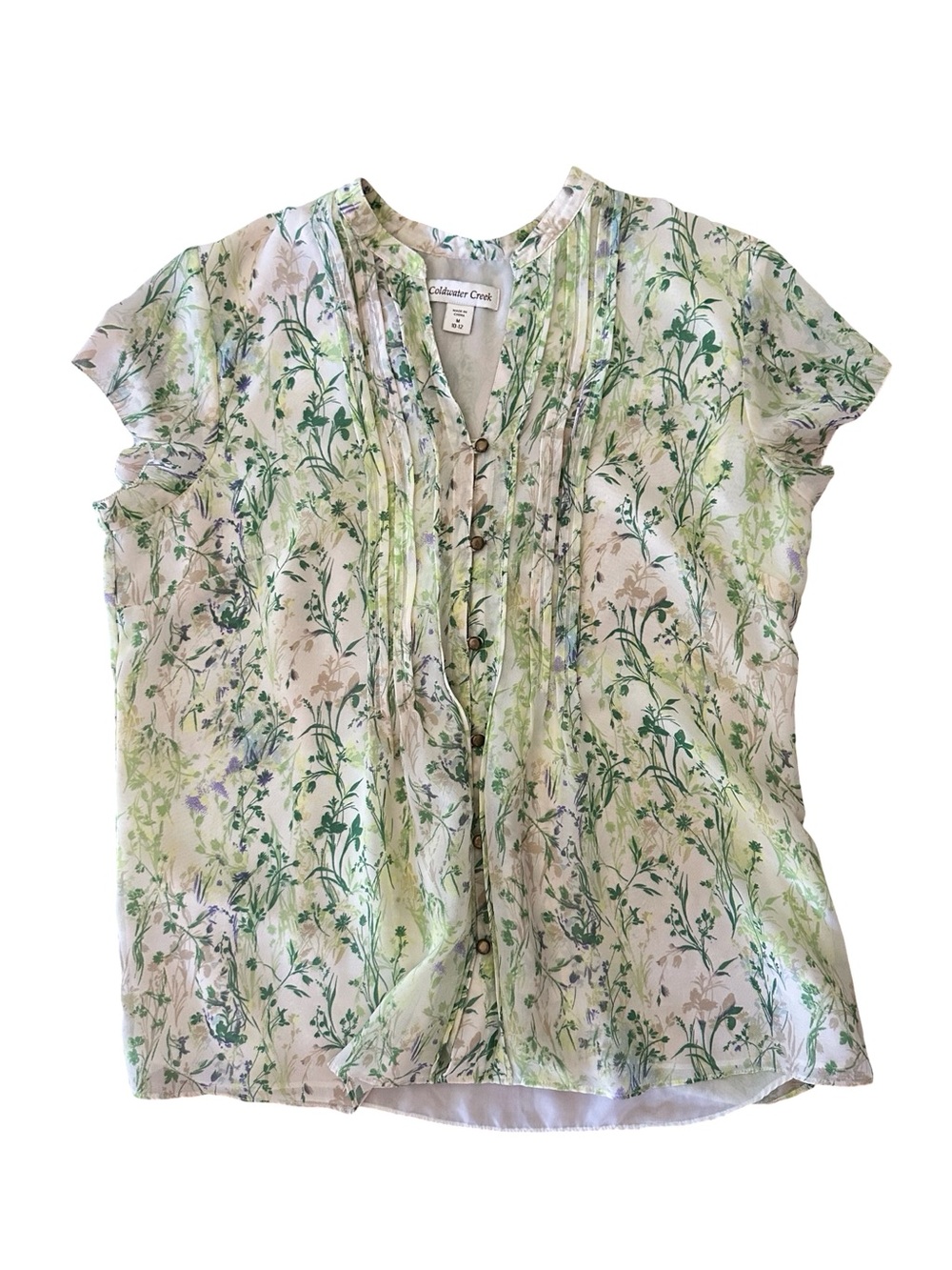 Coldwater Creek Green Floral Pintuck Cap-Sleeve Blouse